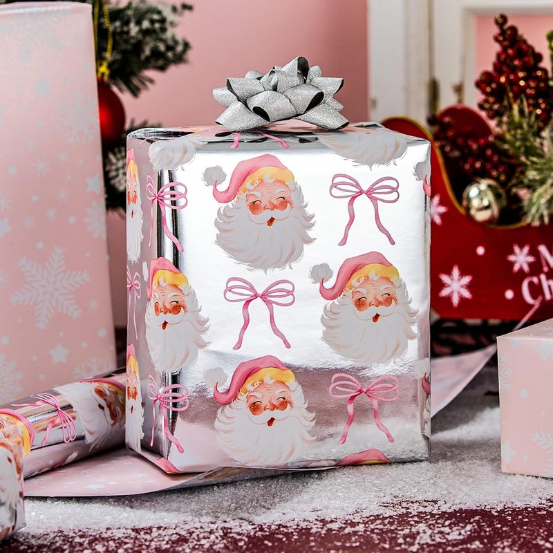MAYPLUSS Christmas Wrapping Paper Roll - 17 Inch X 33 Feet - Pink Cute Bow Santa Claus Reversible Snowflake Gift Wrapping Paper, Thick Wrap Paper for Holiday Party New Year Kids - Image 3